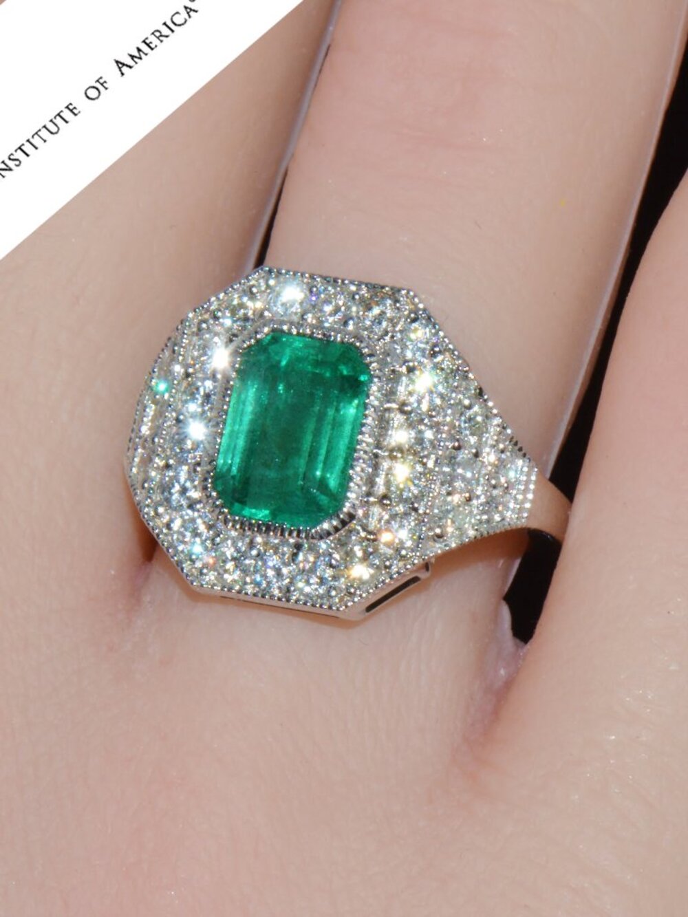 GIA Certified 3.98CT Natural Emerald Diamond Tiered Halo Milgrain 18K Gold Ring